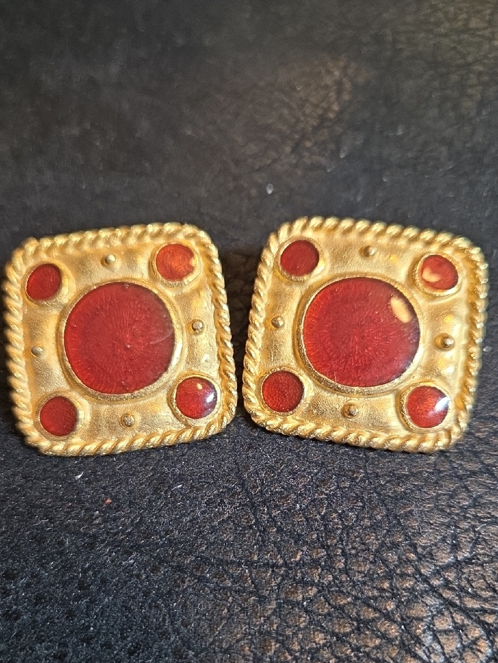 Vintage Gold-Tone Red Amber Square Clip-On Earrings